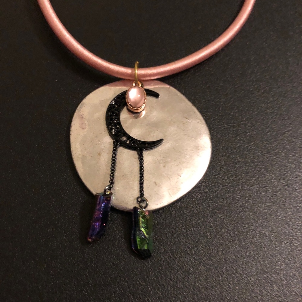 Handcrafted Moon & Faux Crystal Pendant Necklace in Pink